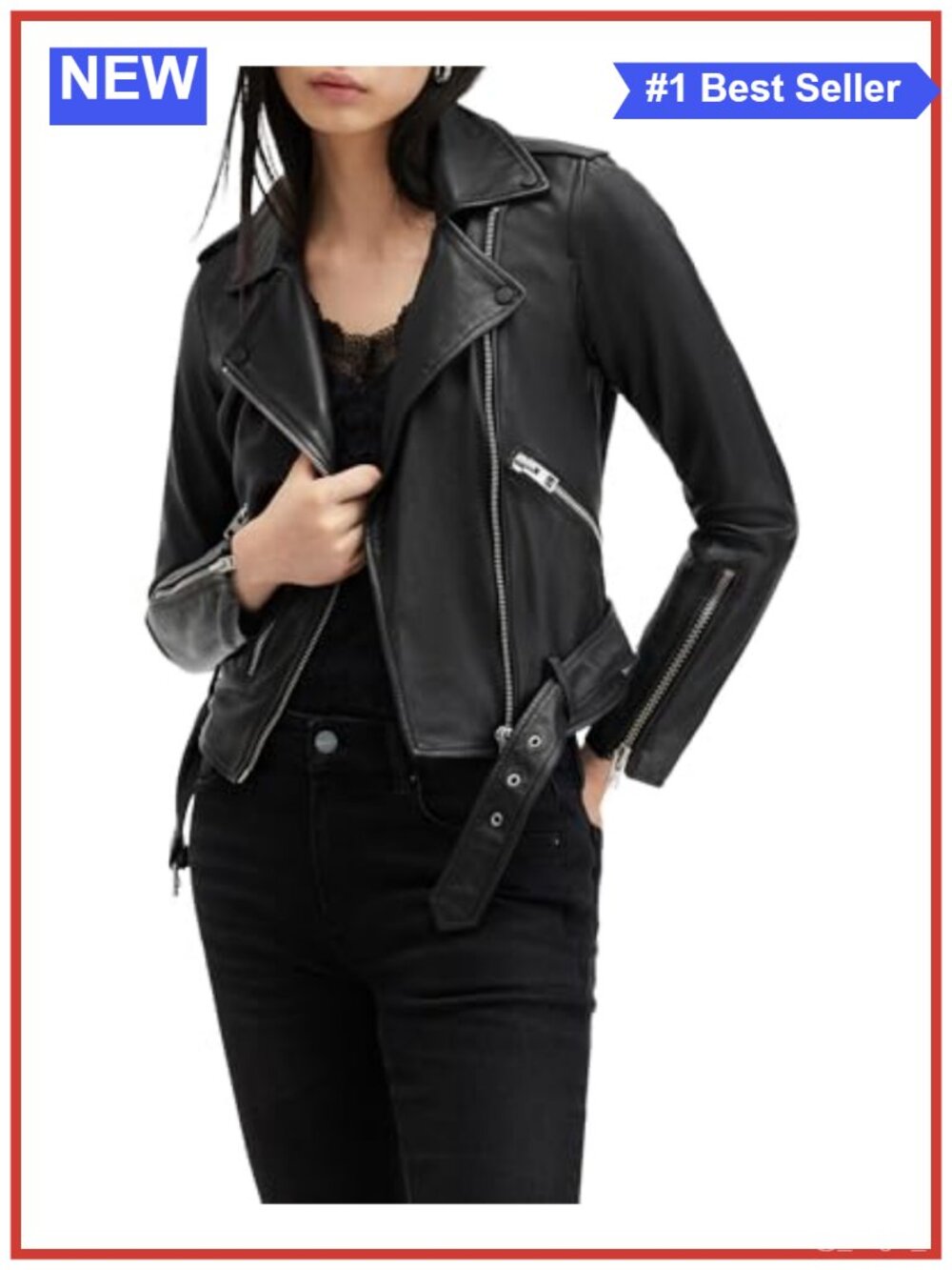 Leather Biker Jacket Zip Front Moto Style Belted Hem